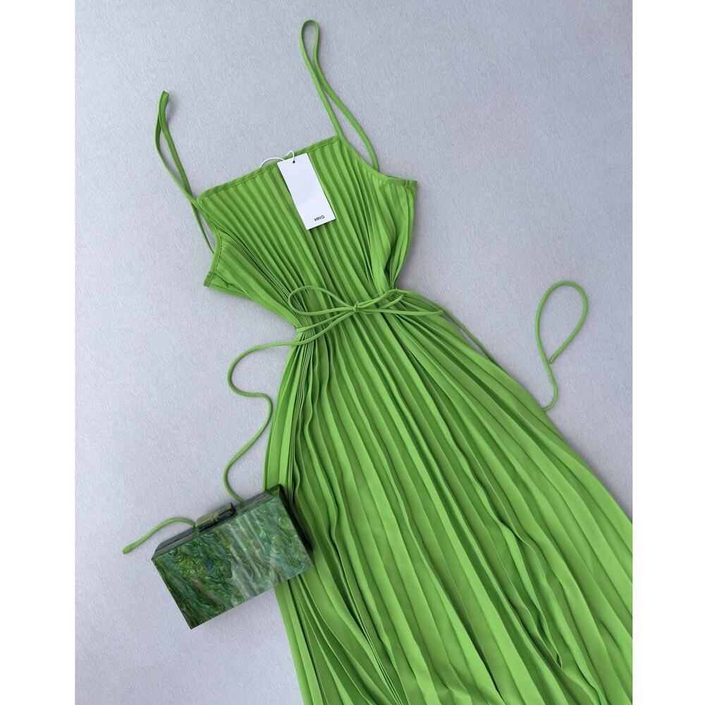 Mango NWT Lime Green Pleated Midi Dress Bow Belt 6 8 - Picture 16 of 16